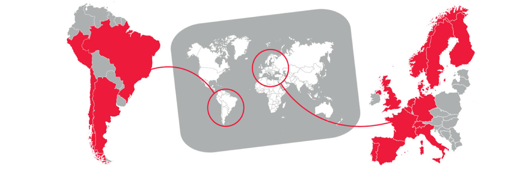 Map that highlights Latin America and Europe